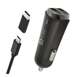 4-OK autós töltő 2 USB aljzat 17W + Type-C adapter + microUSB kábel FEKETE