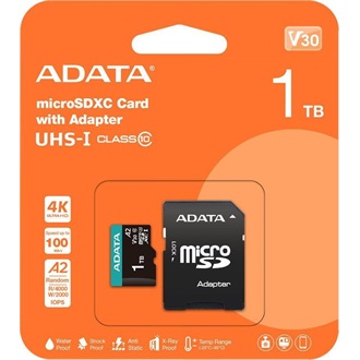 ADATA 1024GB Premier Pro (+adapter) UHS-1 U3  V30 A2 vízálló ütésálló microSDXC memóriakártya BOX fekete