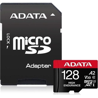 ADATA 128GB High Endurance (+adapter) UHS-1 Class10 U3 V30 A2 vízálló ütésálló microSDXC memóriakártya BOX fekete-piros