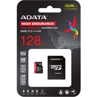 ADATA 128GB High Endurance (+adapter) UHS-1 Class10 U3 V30 A2 vízálló ütésálló microSDXC memóriakártya BOX fekete-piros