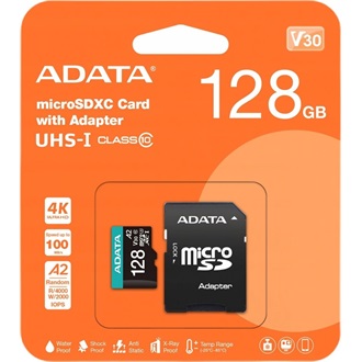 ADATA 128GB Premier Pro (+adapter) UHS-1 U3  V30 A2 vízálló ütésálló microSDXC memóriakártya BOX fekete