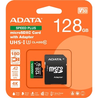 ADATA 128GB Speed Plus UHS-1 Class10 U3 V30 A2 vízálló ütésálló microSDXC memóriakártya BOX fekete
