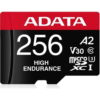 ADATA 256GB High Endurance (+adapter) UHS-1 Class10 U3 V30 A2 vízálló ütésálló microSDXC memóriakártya BOX fekete-piros