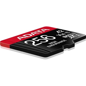 ADATA 256GB High Endurance (+adapter) UHS-1 Class10 U3 V30 A2 vízálló ütésálló microSDXC memóriakártya BOX fekete-piros