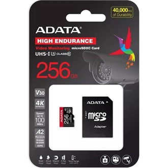 ADATA 256GB High Endurance (+adapter) UHS-1 Class10 U3 V30 A2 vízálló ütésálló microSDXC memóriakártya BOX fekete-piros