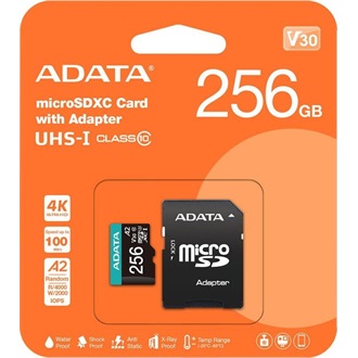 ADATA 256GB Premier Pro (+adapter) UHS-1 U3  V30 A2 vízálló ütésálló microSDXC memóriakártya BOX fekete