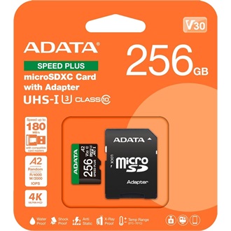ADATA 256GB Speed Plus UHS-1 Class10 U3 V30 A2 vízálló ütésálló microSDXC memóriakártya BOX fekete