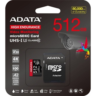 ADATA 512GB High Endurance (+adapter) UHS-1 Class10 U3 V30 A2 vízálló ütésálló microSDXC memóriakártya BOX fekete-piros