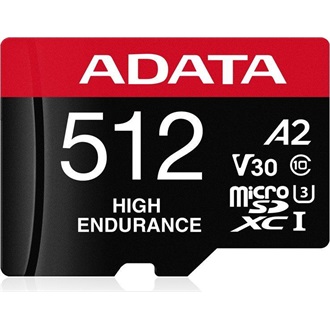 ADATA 512GB High Endurance (+adapter) UHS-1 Class10 U3 V30 A2 vízálló ütésálló microSDXC memóriakártya BOX fekete-piros