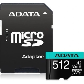 ADATA 512GB Premier Pro (+adapter) UHS-1 U3  V30 A2 vízálló ütésálló microSDXC memóriakártya BOX fekete