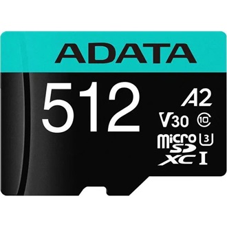 ADATA 512GB Premier Pro (+adapter) UHS-1 U3  V30 A2 vízálló ütésálló microSDXC memóriakártya BOX fekete