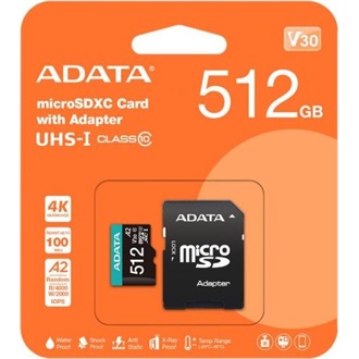 ADATA 512GB Premier Pro (+adapter) UHS-1 U3  V30 A2 vízálló ütésálló microSDXC memóriakártya BOX fekete