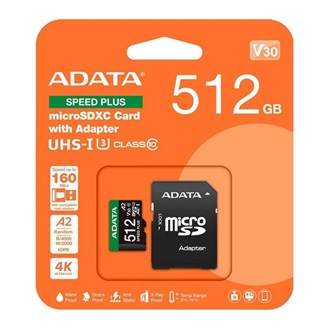ADATA 512GB Speed Plus UHS-1 Class10 U3 V30 A2 vízálló ütésálló microSDXC memóriakártya BOX fekete