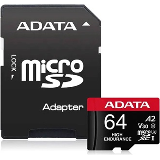 ADATA 64GB High Endurance (+adapter) UHS-1 Class10 U3 V30 A2 vízálló ütésálló microSDXC memóriakártya BOX fekete-piros