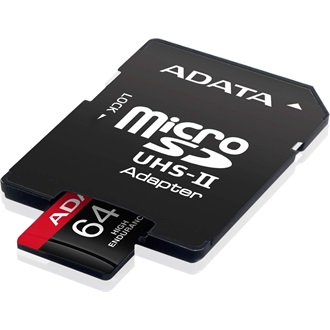 ADATA 64GB High Endurance (+adapter) UHS-1 Class10 U3 V30 A2 vízálló ütésálló microSDXC memóriakártya BOX fekete-piros
