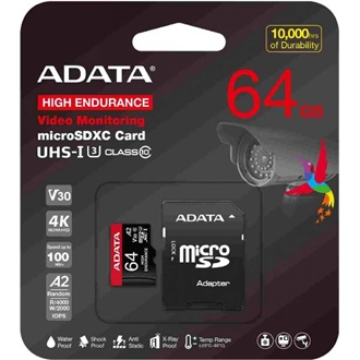 ADATA 64GB High Endurance (+adapter) UHS-1 Class10 U3 V30 A2 vízálló ütésálló microSDXC memóriakártya BOX fekete-piros