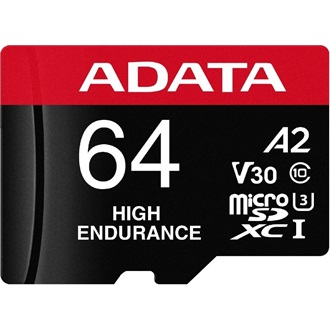 ADATA 64GB High Endurance (+adapter) UHS-1 Class10 U3 V30 A2 vízálló ütésálló microSDXC memóriakártya BOX fekete-piros