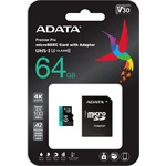 ADATA 64GB Premier Pro (+adapter) UHS-1 U3  V30 A2 vízálló ütésálló microSDXC memóriakártya BOX fekete