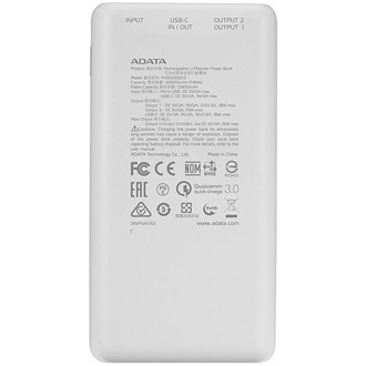 ADATA P20000QCD 20000mAh LiPo powerbank fehér (QC3.0, PD3.0, LCD)