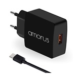 AMORUS K6 hálózati töltő USB aljzat 15W, PD gyorstöltő 3.0 + Type-C kábel, FEKETE