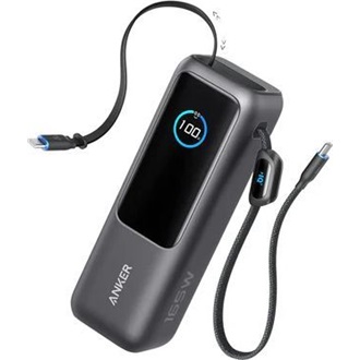 ANKER Zolo powerbank USB+Type-C aljzat (25000mAh, 165W, gyorstöltő, LED kijelző + felcsévélhető Type-C kábel) FEKETE