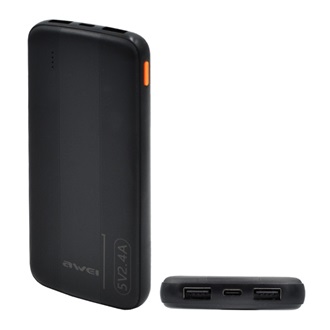 AWEI P20K vésztöltő 2 USB+Type-C aljzat 10000mAh, PD gyorstöltő, FEKETE