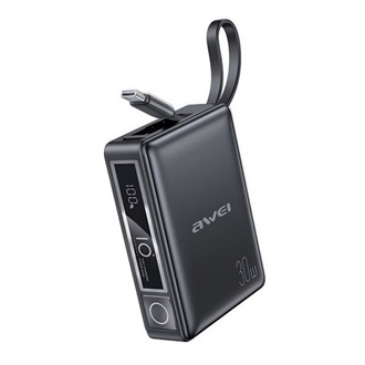 AWEI P87K vésztöltő USB+Type-C aljzat (10000mAh, 30W, PD gyorstöltő + fix Type-C kábel) FEKETE