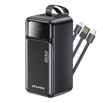 AWEI PA-107 powerbank 3 USB aljzat (50000mAh, 22,5W, PD gyorstöltő 3.0 + fix Type-C/lightning kábel) FEKETE