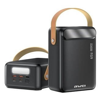 AWEI PA-83 powerbank 3 USB+2 Type-C aljzat (80000mAh, 65W, PD gyorstöltő, LED kijelző, LED lámpa) FEKETE