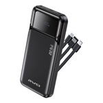 AWEI PA-91 vésztöltő USB+2 Type-C aljzat 10000mAh, gyorstöltő + fix USB/Type-C/lightning kábel, FEKETE