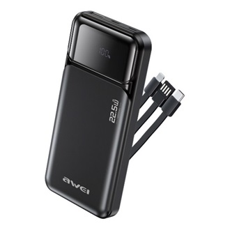 AWEI PA-91 vésztöltő USB+2 Type-C aljzat 10000mAh, gyorstöltő + fix USB/Type-C/lightning kábel, FEKETE