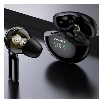 AWEI T12P Bluetooth fülhallgató SZTEREO v5.1, LED kijelző + töltőtok, FEKETE