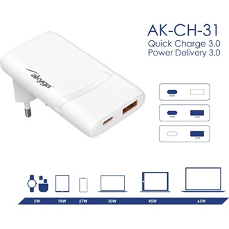 Akyga AK-CH-31 GaN 65W univerzális hálózati töltő adapter fehér (QC4+)