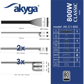 Akyga AK-C1-800 ATX desktop tápegység 800W 80+ BOX