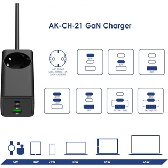 Akyga AK-CH-21 65W univerzális hálózati töltő adapter fekete