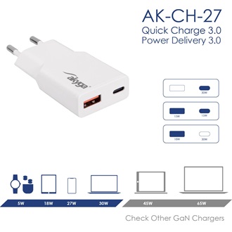 Akyga AK-CH-27 GaN 30W univerzális hálózati töltő adapter fehér (QC3.0)