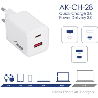 Akyga AK-CH-28 GaN 45W univerzális hálózati töltő adapter fehér (QC3.0)
