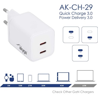 Akyga AK-CH-29 GaN 45W univerzális hálózati töltő adapter fehér (QC3.0)