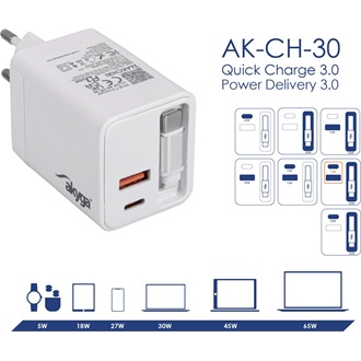 Akyga AK-CH-30 GaN 65W univerzális hálózati töltő adapter fehér (QC3.0)