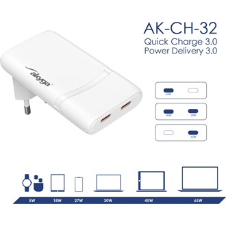 Akyga AK-CH-32 GaN 65W univerzális hálózati töltő adapter fehér (QC4+)