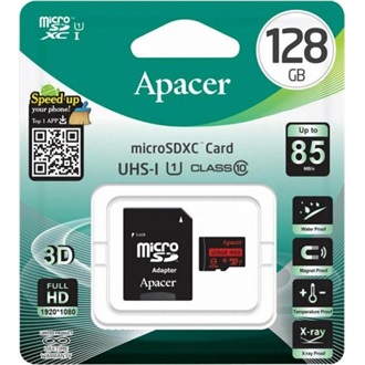 Apacer 128GB (+adapter) UHS-1 Class10 U1 V10 A1 microSDXC memóriakártya BOX fekete
