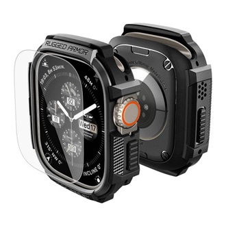 Apple Watch Ultra 3 49mm / Ultra 2 49mm SPIGEN RUGGED ARMOR műanyag óra keret ütésállóság + kijelzővédő üveg FEKETE