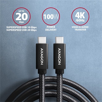 Axagon USB-C 3.2 Gen2 -> USB-C 3.2 Gen2 M/M adatkábel 1m fekete 100W