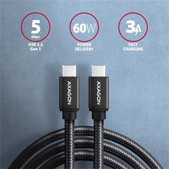 Axagon USB-C 3.2 Gen1 -> USB-C 3.2 Gen1 M/M adatkábel 2m fekete 60W