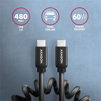 Axagon USB-C -> USB-C M/M adatkábel 0.6m fekete tekercselt, 60W