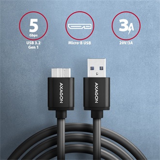 Axagon USB-A 3.2 Gen1 -> USB-B 3.0 micro M/M adatkábel 1m fekete