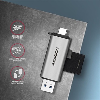 Axagon CRE-SAC USB3.2 Gen1 A / USB-C SD, microSD kártyaolvasó szürke (fém ház)