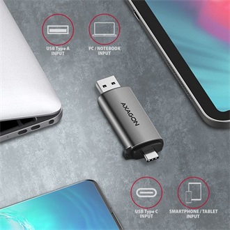 Axagon CRE-SAC USB3.2 Gen1 A / USB-C SD, microSD kártyaolvasó szürke (fém ház)