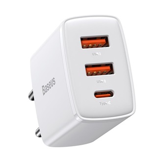BASEUS COMPACT hálózati töltő 2 USB+Type-C aljzat 30W, PD gyorstöltő 3.0, FEHÉR