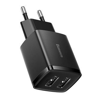 BASEUS COMPACT hálózati töltő 2 USB aljzat 10.5W, gyorstöltő, FEKETE